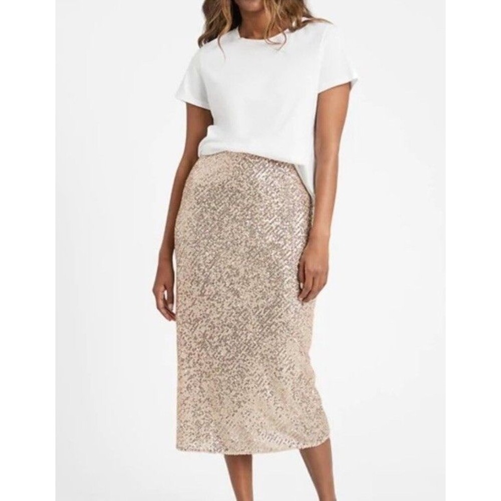 Banana Republic Sequin Midi Skirt Medium Champagne Bias Cut Pull-On High Waist